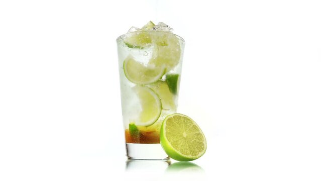 Caipirinha Cocktail einschenken - Getr&auml;nk freigestellt auf Wei&szlig;