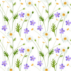 Seamless pattern of daisies and wildflowers. Cute summer print. Vector illustration on a white background for decor and wrapping paper