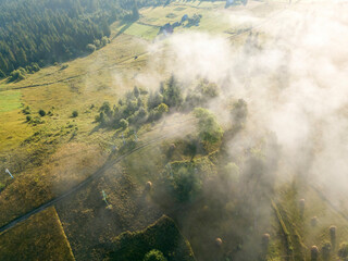Green mountains of the Ukrainian Carpathians in the morning mist. Aerial drone view.