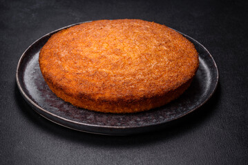 Pumpkin pie on marble cutting board. Dark background. Copy space