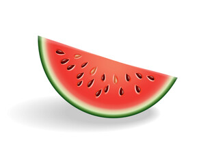 Watermelon natural sweet food. Icon of ripe red fruit cut on slice in 3d realistic cartoon style. Fresh and juicy colorful berry isolated on white background