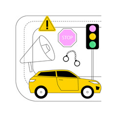 Naklejka premium Traffic crime abstract concept vector illustration. Criminal traffic, road crime, car hit and run, under the influence, reckless driving, primary offense, rules violation abstract metaphor.