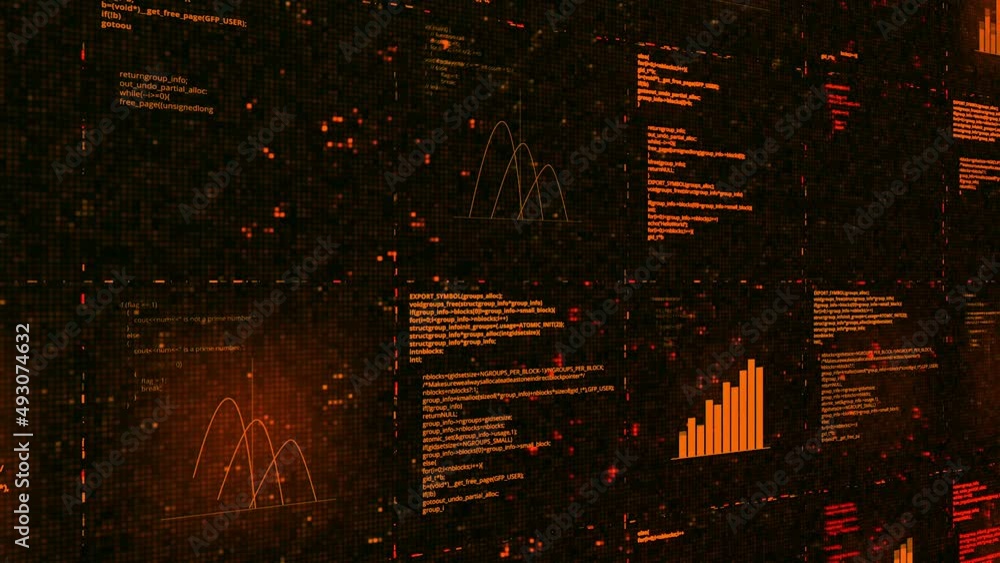 Poster black background. animation. a bright program of orange-colored mathematical graphs written on a dar