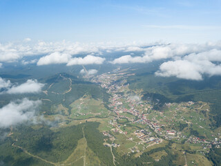 High flight in the mountains of the Ukrainian Carpathians. Aerial drone view.