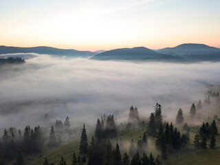 Brouillard matinal dans les Carpates ukrainiennes. Vue aérienne par drone.