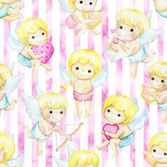 Cute cupids, in cartoon style. Watercolor seamless pattern, on an isolated background.