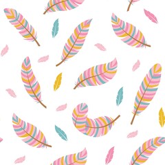 Fototapeta na wymiar Seamless pattern in boho style with colorful feathers. Vector illustration