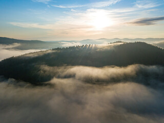 Obraz na płótnie Canvas Sunny morning in the foggy Carpathians. A thin layer of fog covers the mountains. Aerial drone view.