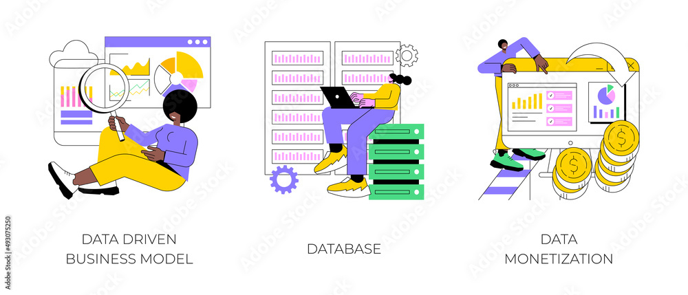 Poster data business strategy abstract concept vector illustration set. data driven business model, databas