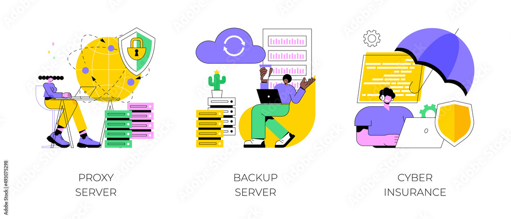 Poster online data access and security abstract concept vector illustration set. proxy server, backup serve