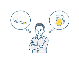 禁煙　禁酒　依存症に悩む中高年の男性　喫煙者　タバコ　ビール　飲酒　ニコチン