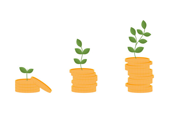 Concept Of Income Growth, Money, Investment. Coins With Sprouts. For Advertising Banks, Investment And Brokerage Accounts. Bank, Budget, Finance, Money Savings. Vector Illustration For Flyer, Poster