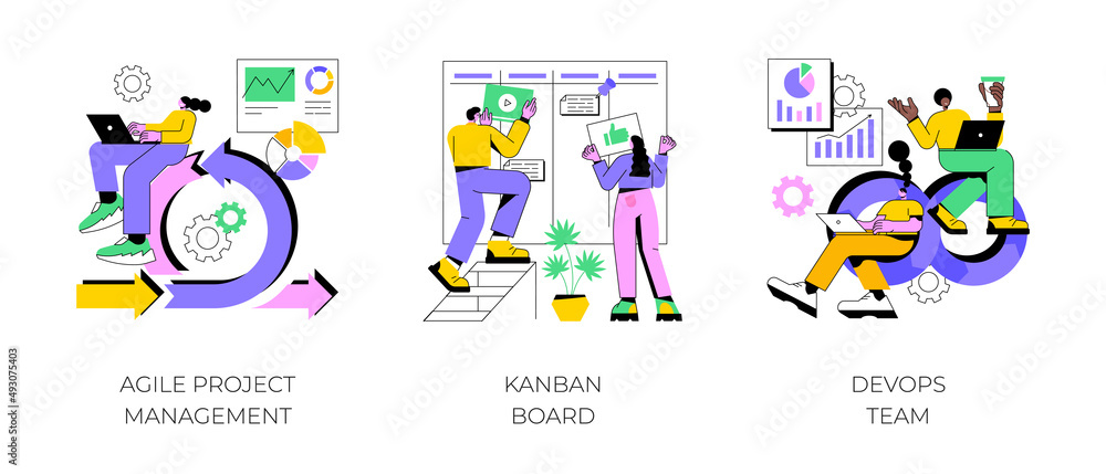 Poster software development company abstract concept vector illustration set. agile project management, kan
