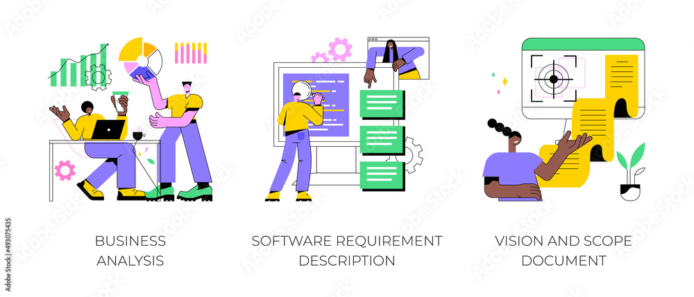 Poster project development specifications abstract concept vector illustration set. business analysis, soft
