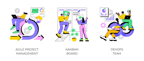 Software development company abstract concept vector illustration set. Agile project management, kanban board, devOps team, scrum meeting, project life cycle, stakeholder, testing abstract metaphor.