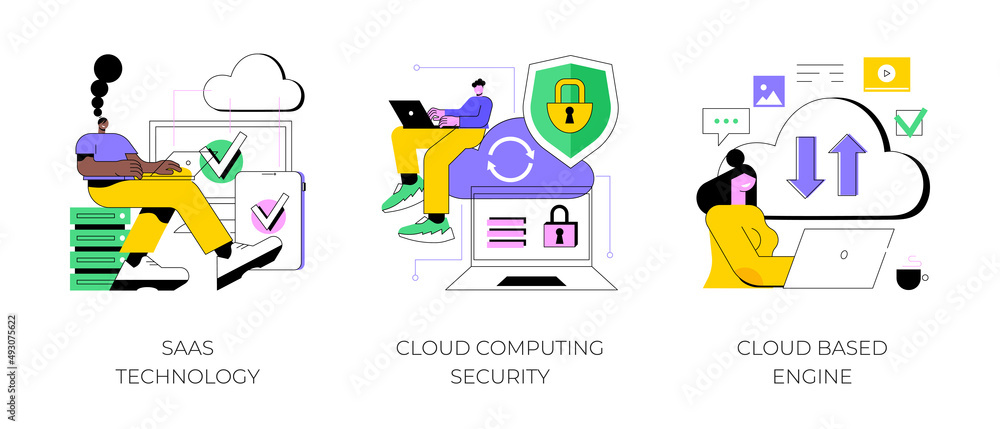 Poster cloud software abstract concept vector illustration set. saas technology, cloud computing security, 