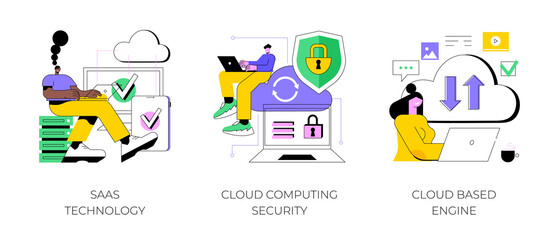 Fototapeta premium Cloud software abstract concept vector illustration set. SaaS technology, cloud computing security, cloud based engine, data protection, virtual application, storage access abstract metaphor.