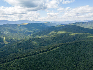 Obraz premium Green slopes of Ukrainian Carpathian mountains in summer. Cloudy morning, low clouds. Aerial drone view.