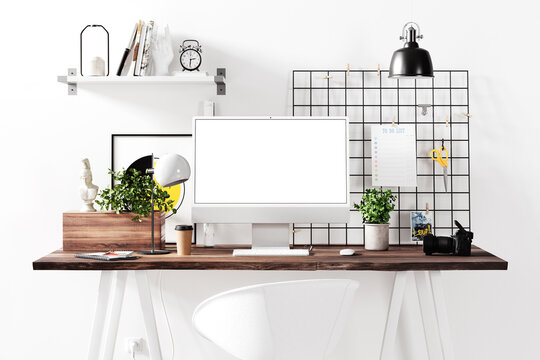 Workspace with a computer at home or in studio mockup