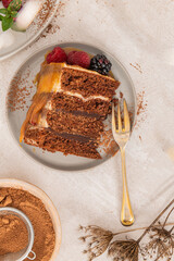 Delicious semi-naked chocolate cake with caramel topping and decorated with blackberries and raspberries. Light background