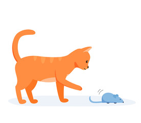 Red domestic cat playing with automatic toy mouse. Activity for indoor pet. Interactive cat supplies and accessories. Flat style vector