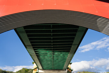 La Salve bridge metal structure from below on sunny day in Bilbao, Spain