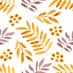 Watercolor pattern, flowers and twigs with leaves on a white background. Simple seamless pattern in retro style.