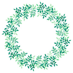 Wreath of green leaves and branches, painted in watercolor, isolated on a white background. Natural eco frame.