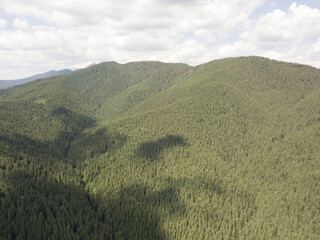 Green mountains of Ukrainian Carpathians in summer. Sunny day, rare clouds. Aerial drone view.