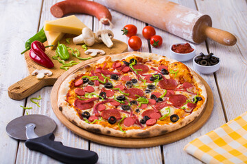 mixed pizza, decorated with composition and became a concept image