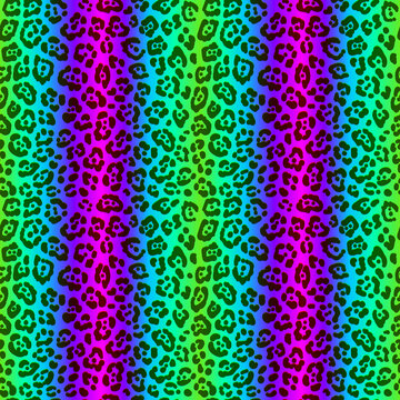 Neon leopard seamless pattern. Bright colored spotted background. Vector rainbow animal print.