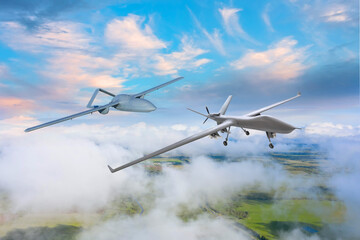 Drones in flight one after another perform surveillance over the territory.