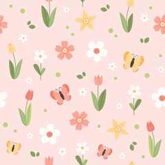 Spring flower pattern - tulips, cherry blossom and butterflies, vector illustration in flat cartoon style