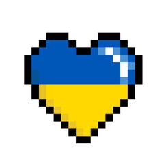 Ukraine colors national blue and yellow flag in pixel heart on white background. National symbol of Ukraine. Pixel art. Retro style icon. Vector illustration.