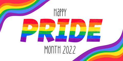 Happy Pride Month 2022 - horizontal banner Pride colored in rainbow LGBTQ gay pride flag colors. Vector lettering for LGBT History Month pencil crayon textured isolated. Love is love concept - obrazy, fototapety, plakaty