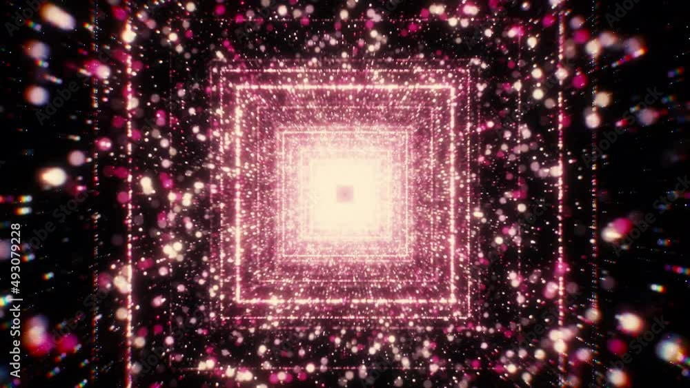 Poster Moving in square cyber tunnel with particles. Motion. Glowing particles in tunnel with neon squares. Square spatial tunnel with flow of colorful particles