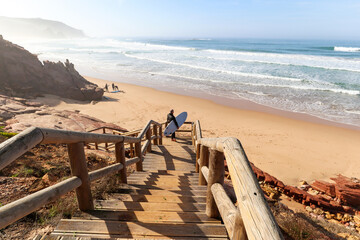 View to Praia do Amado, Beach and Surfer spot near Sagres and Lagos, Costa Vicentina Algarve Portugal - 493079249