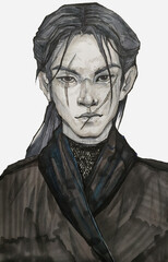 Obraz premium Drawing of a young man with a scar on his face. Asian with long black hair. Samurai, a person engaged in martial arts.portrait of an Asian man with a mark. combat wound, character for the story