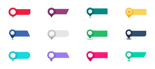 Map pointers icon set. Location icons or geolocations. Vector design element set. Pointer icon pin on the map with space for text. Vector illustration