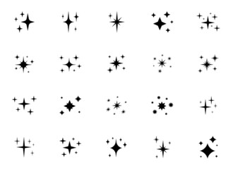 Black sparkling stars. Different twinkling stars collection. Star icons, sparks, shining explosion. Vector illustration