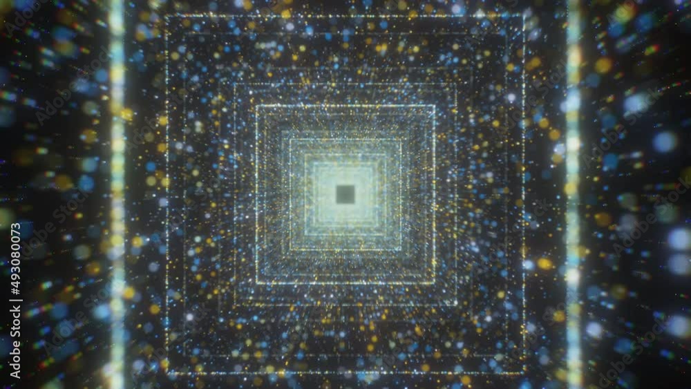 Poster bright square tunnel with particles. motion. immersion in cosmic flow of square tunnel. lots of brig