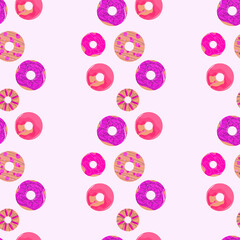 Seamless pattern with donuts. Bright beautiful donuts. Pink delicious donuts. Aesthetic donuts.