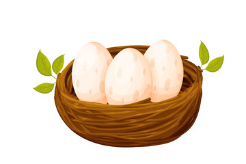 Bird nest from sticks with eggs decorated with leaves in cartoon style isolated on white background. Spring clip art, nestling. new life.
