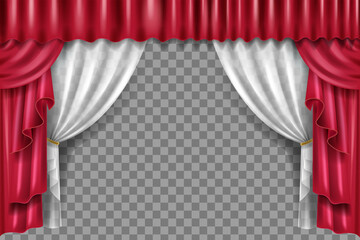 Red stage curtain, vector theatre velvet drapery illustration, luxury opera frame on transparent background. 3D classic cinema interior cloth, white tulle, realistic silk. Stage curtain backdrop