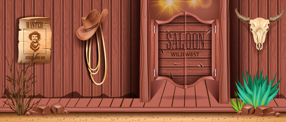 Western saloon door vector background, old retro bar wooden entrance, vintage wild west pub banner. Texas country tavern wall, wanted poster, cow skull, cowboy hat, rope. Western saloon exterior
