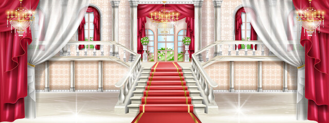 Palace interior background, vector castle hall illustration, medieval luxury ballroom, marble staircase. Royal vintage museum room, red carpet, rococo chandelier, pillar, arch window. Palace interior