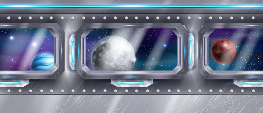 Space ship interior, vector spacecraft window view, corridor inside future station, alien planet, stars. Fantasy cosmos science game background, shuttle iron wall, sky. Space ship indoor illustration
