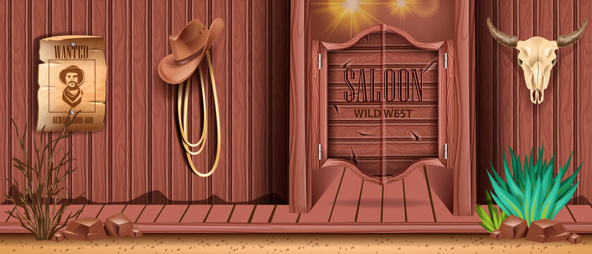 Western saloon door vector background, old retro bar wooden entrance, vintage wild west pub banner. Texas country tavern wall, wanted poster, cow skull, cowboy hat, rope. Western saloon exterior