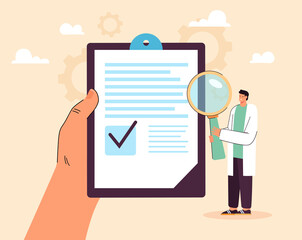 Tiny doctor with magnifier and hand holding health insurance. Checkmark on medical form or report flat vector illustration. Medicine, healthcare concept for banner, website design or landing web page