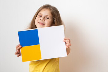 Fototapeta na wymiar Portrait little girl calls to Stop war in Ukraine, stop war in Ukraine